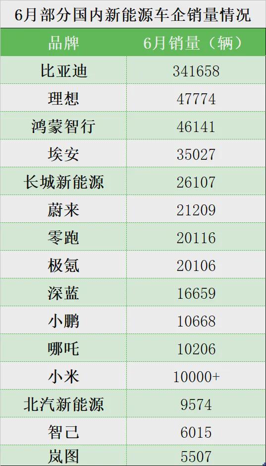 6月新能源拉开差距！理想卖了近5万，问界破4万，极氪、零跑过2万，小米如约破万辆 